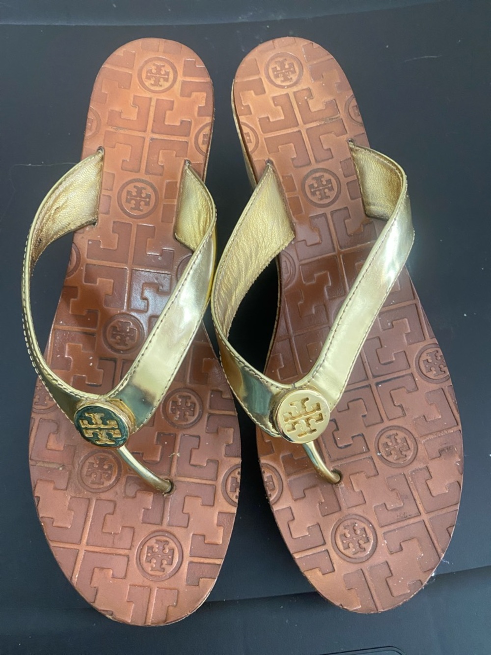 Tory Burch Gold Leather Logo Thong Sandals